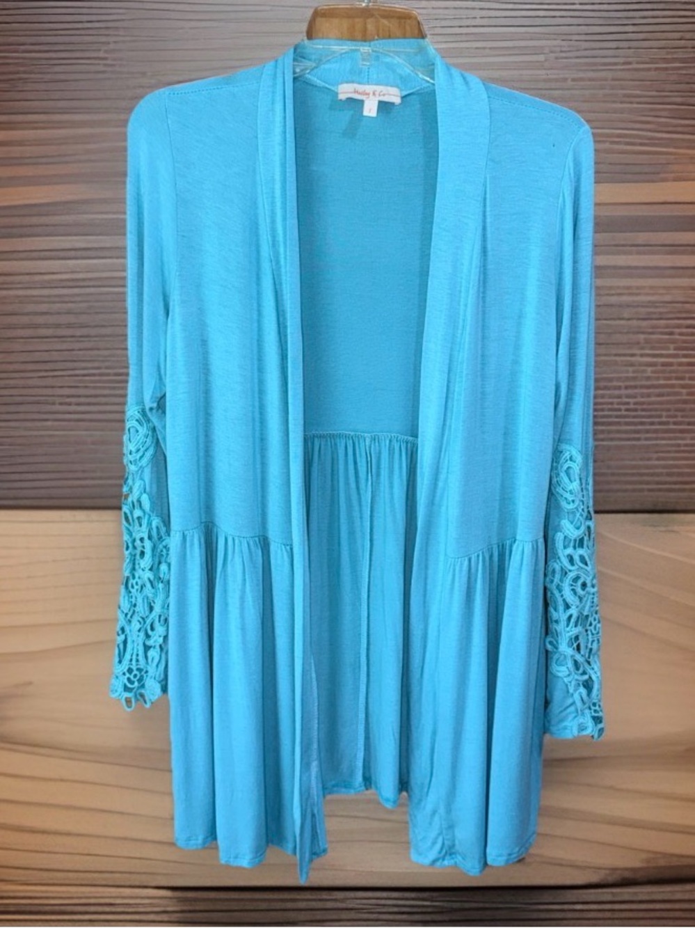 Hailey & Co Women’s Bright Aqua Blue Open Cardigan w/Crochet Sleeve Accents-S-GC